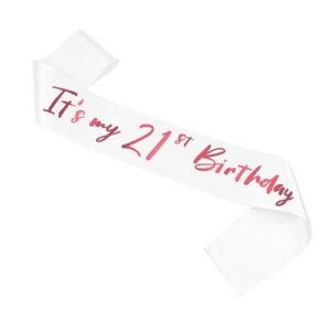 21st birthday sash, white satin soft sashes with pink foil letter, birthday decorations for girls happy 21st birthday party favor supplies, white pink
