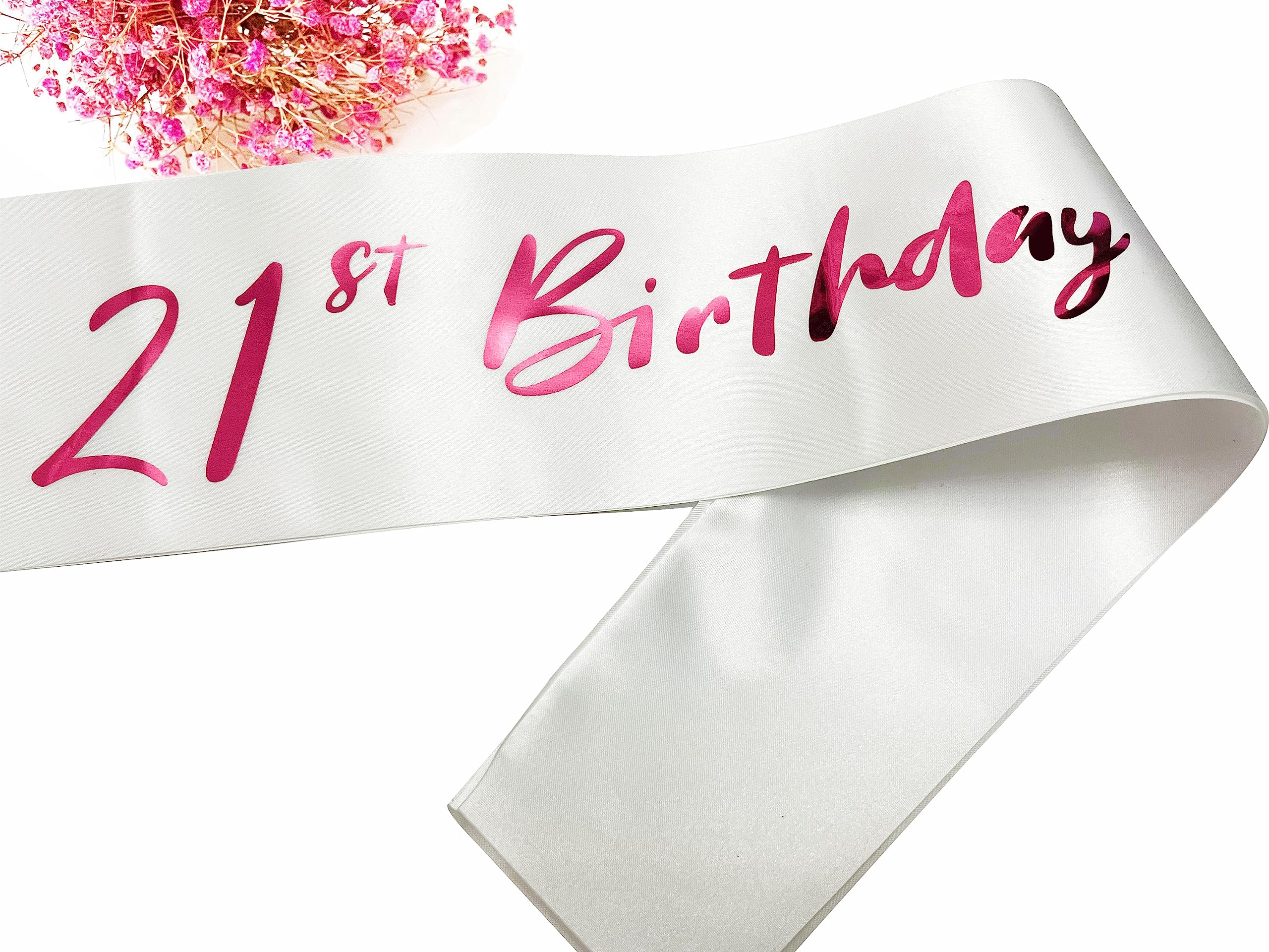 21st Birthday Sash, White Satin Soft Sashes with Pink Foil Letter, Birthday Decorations for Girls Happy 21st Birthday Party Favor Supplies, White Pink