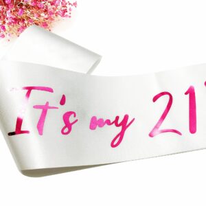 21st Birthday Sash, White Satin Soft Sashes with Pink Foil Letter, Birthday Decorations for Girls Happy 21st Birthday Party Favor Supplies, White Pink