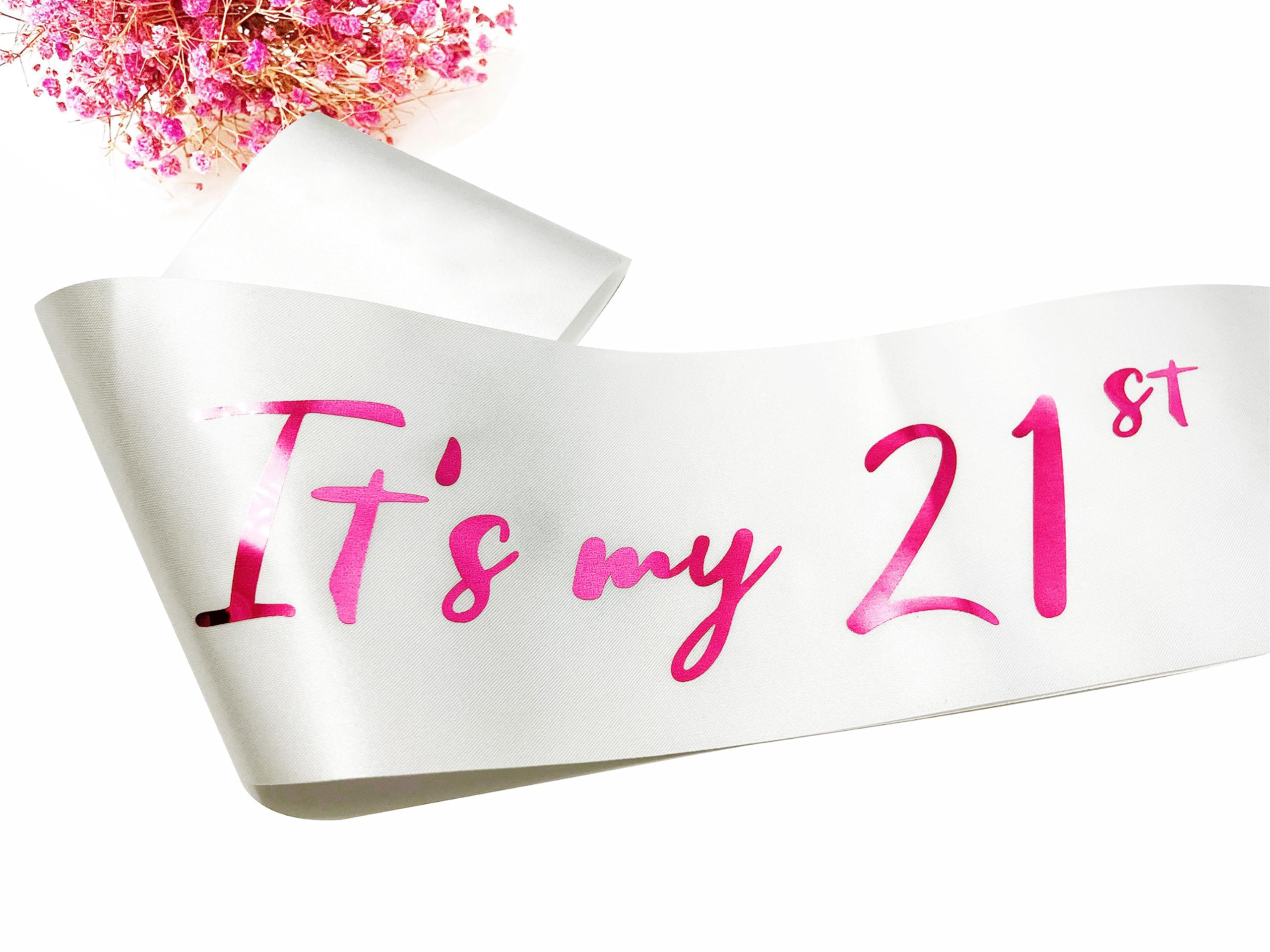 21st Birthday Sash, White Satin Soft Sashes with Pink Foil Letter, Birthday Decorations for Girls Happy 21st Birthday Party Favor Supplies, White Pink