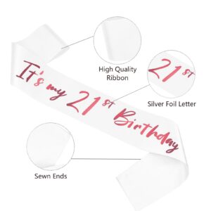 21st Birthday Sash, White Satin Soft Sashes with Pink Foil Letter, Birthday Decorations for Girls Happy 21st Birthday Party Favor Supplies, White Pink