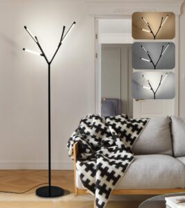 q&s led floor lamp,black modern industrial contemporary corner floor lamp tall tree bright reading standing lighting for bedroom living room office