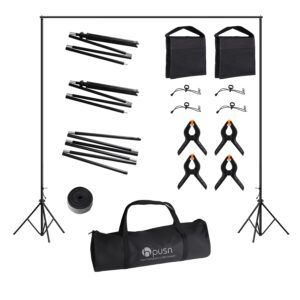 hpusn photography studio backdrop stand, 10 inch backdrop stand kit with 4 backdrop clips, 2 sandbags and carrying bag, suitable for wedding/party/stage decoration/photography