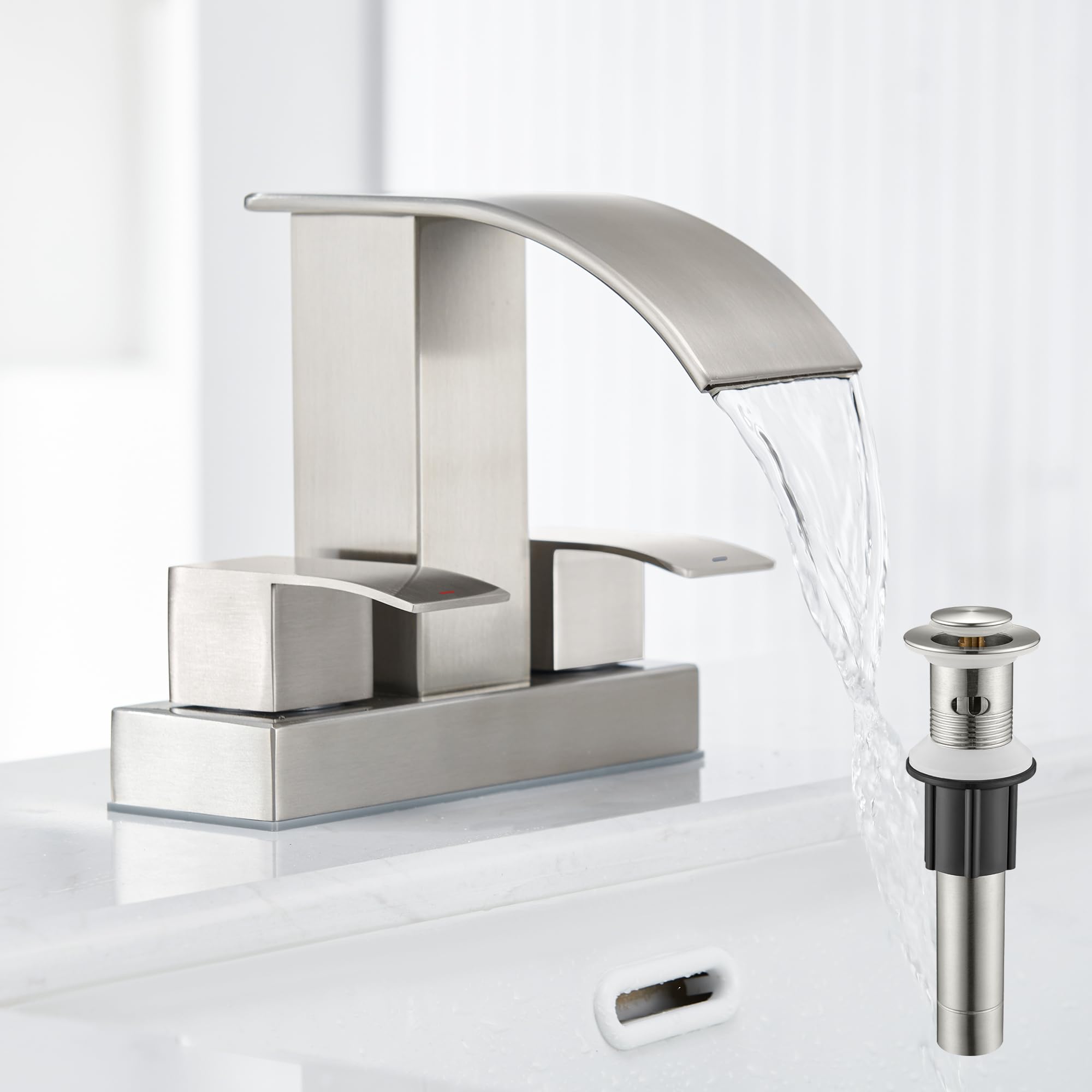 Waterfall Bathroom Sink Faucet Set with Pop Up Drain Stopper & Supply Lines - 4 Inch 2 Handles Centerset Faucet 2 or 3 Hole Lavatory Faucet Bathroom Vanity Mixer Tap Basin Faucets Brushed Nickel