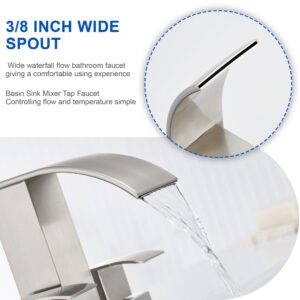 Waterfall Bathroom Sink Faucet Set with Pop Up Drain Stopper & Supply Lines - 4 Inch 2 Handles Centerset Faucet 2 or 3 Hole Lavatory Faucet Bathroom Vanity Mixer Tap Basin Faucets Brushed Nickel