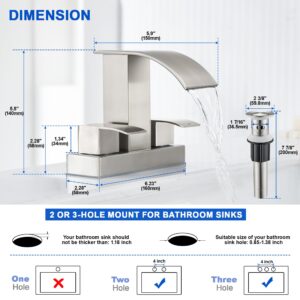 Waterfall Bathroom Sink Faucet Set with Pop Up Drain Stopper & Supply Lines - 4 Inch 2 Handles Centerset Faucet 2 or 3 Hole Lavatory Faucet Bathroom Vanity Mixer Tap Basin Faucets Brushed Nickel