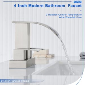 Waterfall Bathroom Sink Faucet Set with Pop Up Drain Stopper & Supply Lines - 4 Inch 2 Handles Centerset Faucet 2 or 3 Hole Lavatory Faucet Bathroom Vanity Mixer Tap Basin Faucets Brushed Nickel