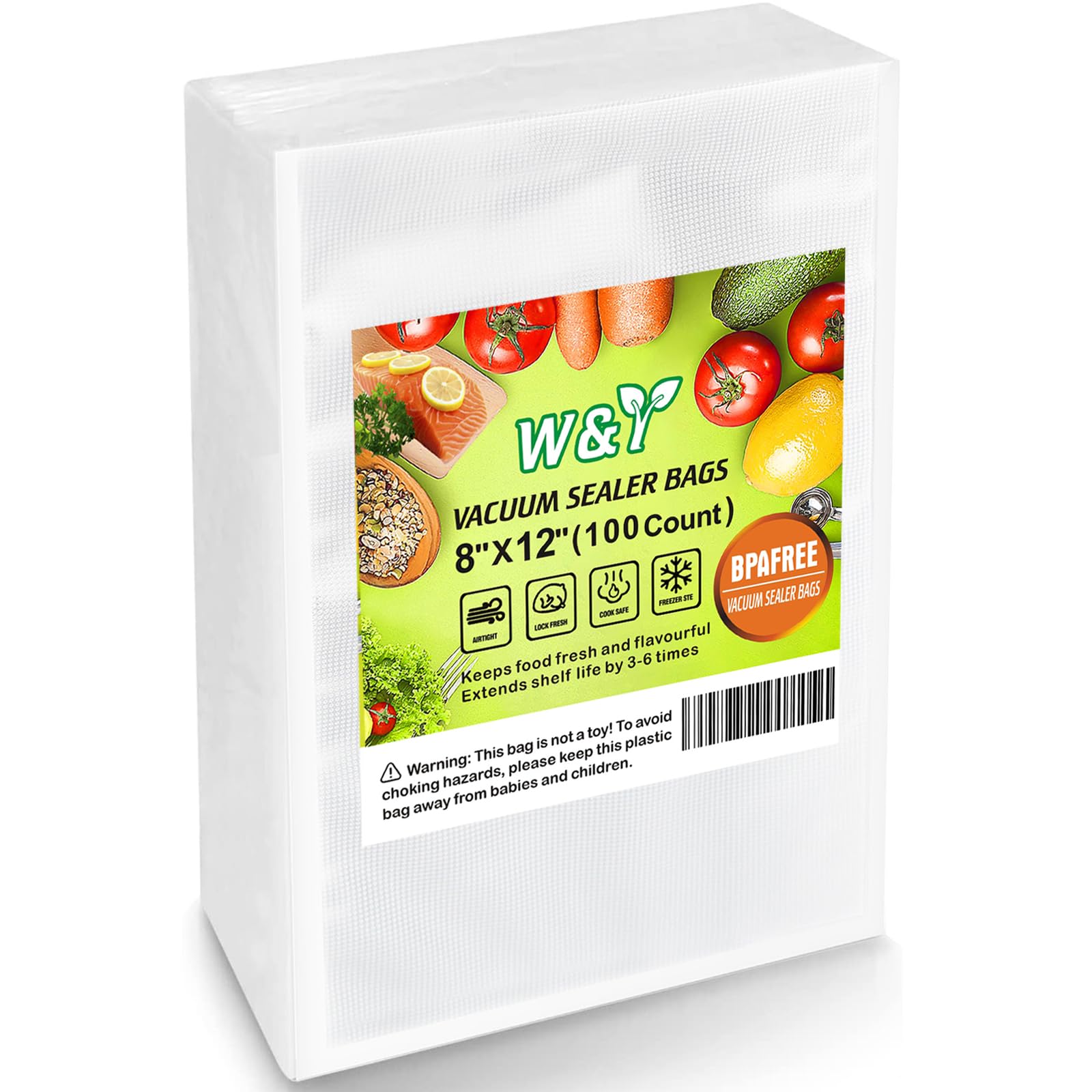 W&Y Vacuum Sealer Bags for Food - 100 Quart, 8" x 12" Commercial Grade Embossed Food Vacuum Bags - Pre-Cut Food Saver Bags for Sous Vide, Meal Prep, and Storage - BPA Free