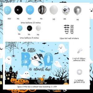 Halloween Baby Shower Party Decorations for Boys, A Little Boo Is Almost Due Backdrop Halloween Blue Black Silver Balloon Garland Kit Bat Wall Sticker White Ghost Foil Balloon