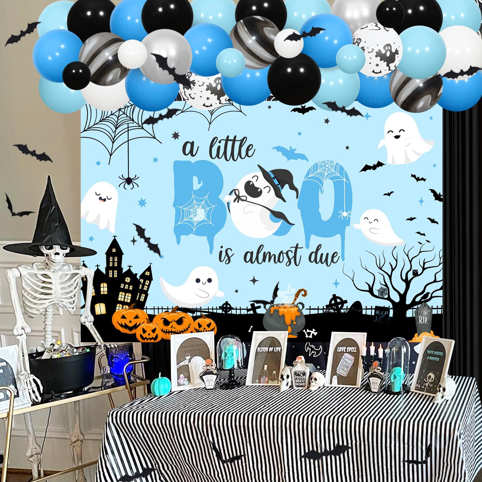 Halloween Baby Shower Party Decorations for Boys, A Little Boo Is Almost Due Backdrop Halloween Blue Black Silver Balloon Garland Kit Bat Wall Sticker White Ghost Foil Balloon