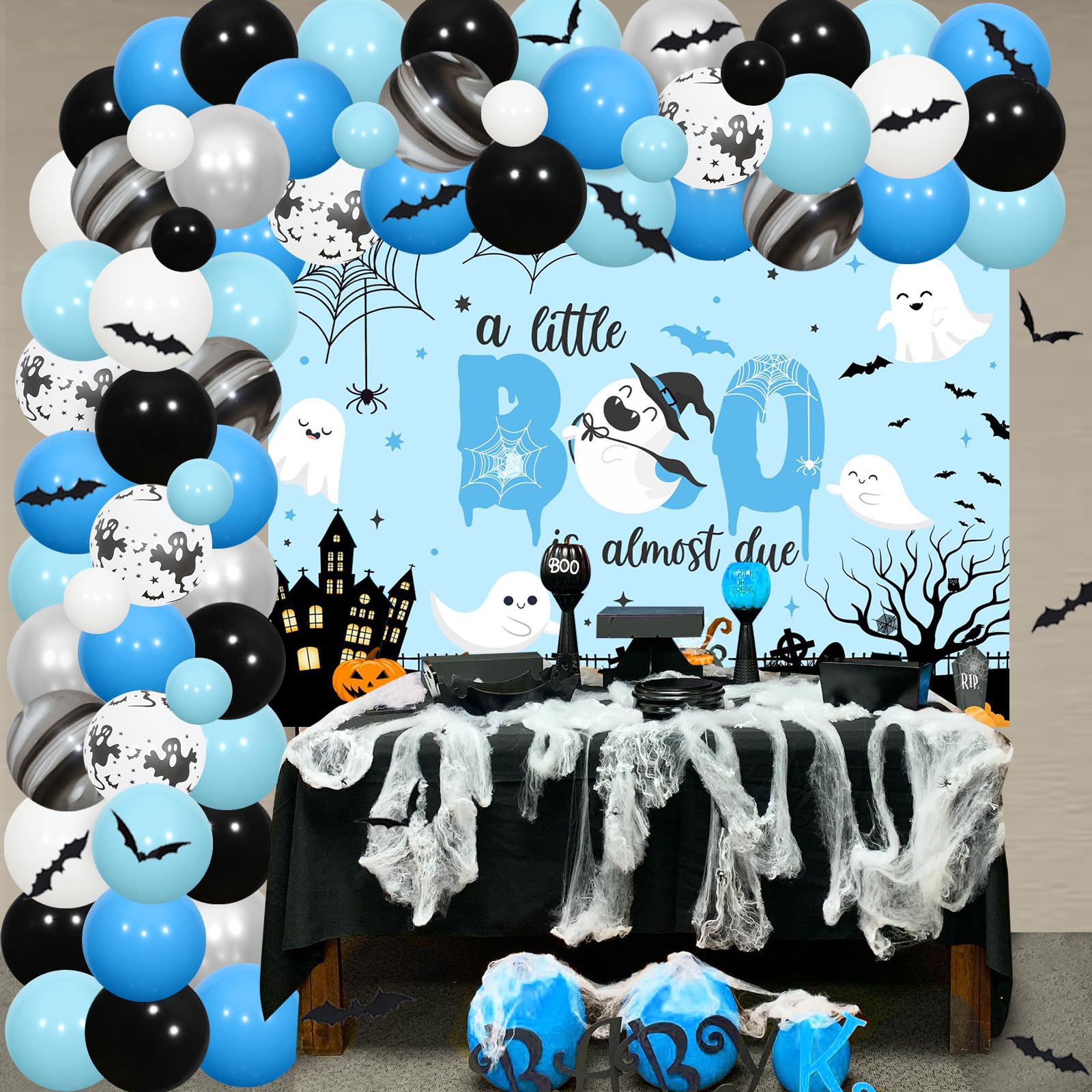 Halloween Baby Shower Party Decorations for Boys, A Little Boo Is Almost Due Backdrop Halloween Blue Black Silver Balloon Garland Kit Bat Wall Sticker White Ghost Foil Balloon