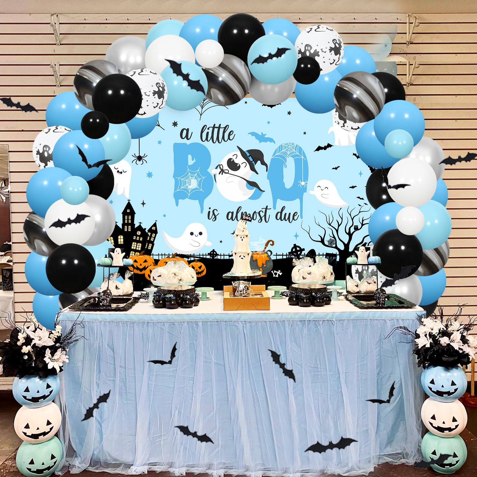 Halloween Baby Shower Party Decorations for Boys, A Little Boo Is Almost Due Backdrop Halloween Blue Black Silver Balloon Garland Kit Bat Wall Sticker White Ghost Foil Balloon