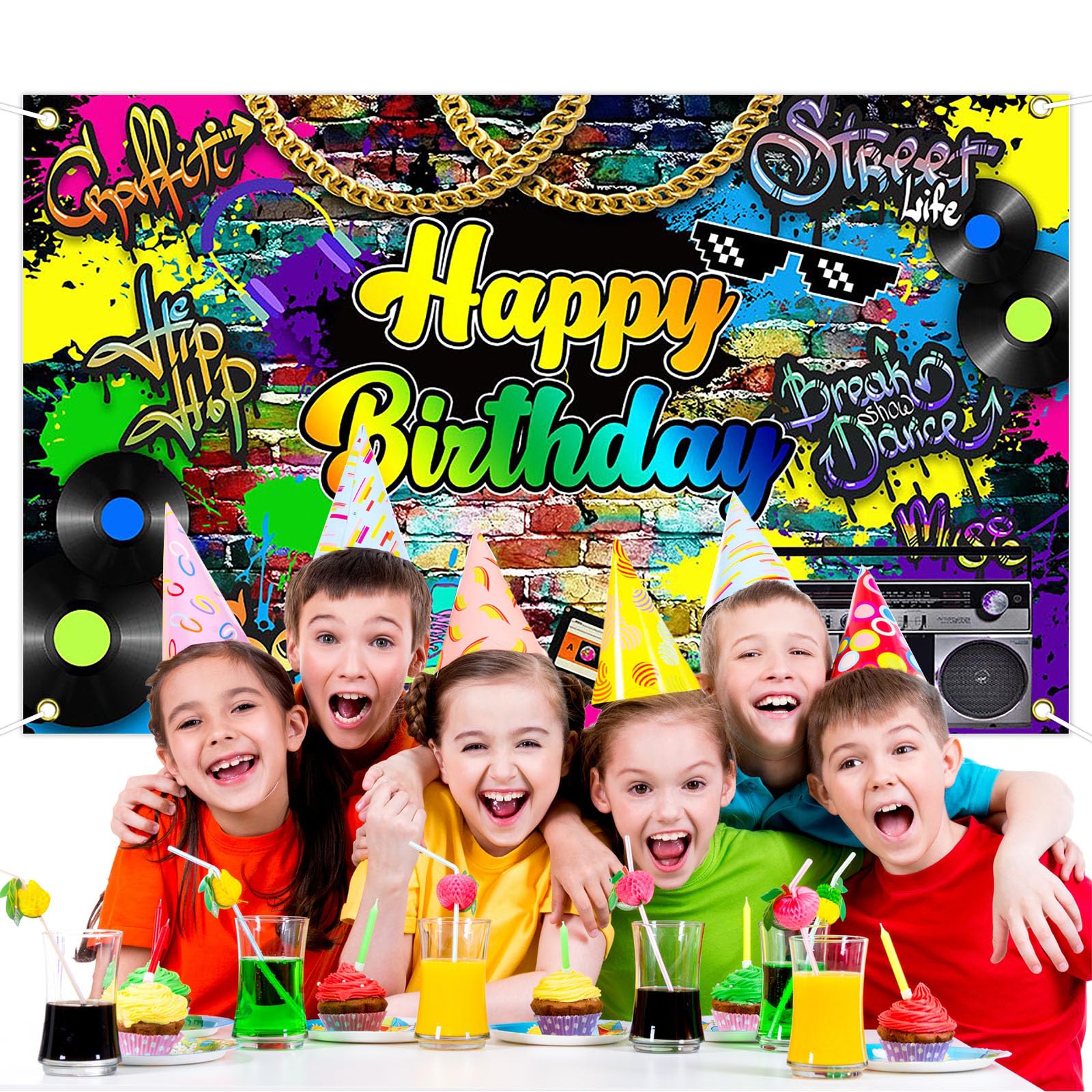 Avezano Hip Hop Birthday Party Backdrop Throwback Retro Birthday Banner Decor Graffiti 80's 90's Birthday Party Background (70.8x43.3inch)