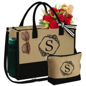 yoolife tote bag for women - personalized gift, initial tote bag with zipper, premium jute, large capacity, hand wash, summer