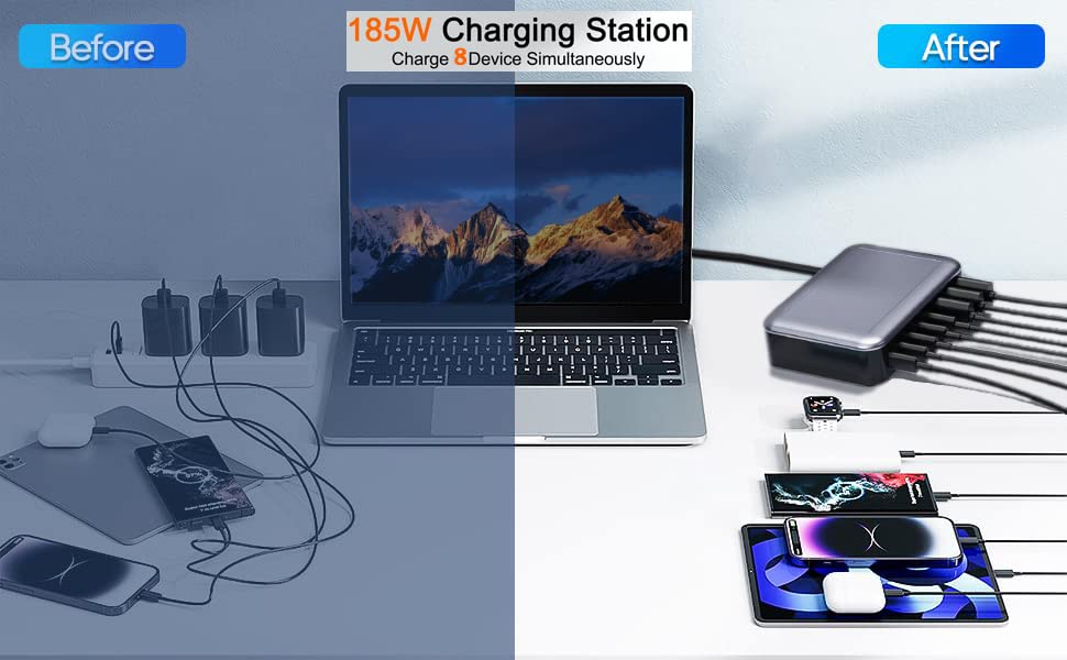 USB C Charger, 185W 8-Port USB C Charging Station with 5 USB-C Ports +3 USB-A Ports, USB C Wall Fast Charger Block for Tablets, Headphones, Smart Watches and More