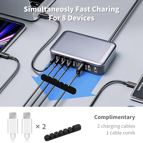 USB C Charger, 185W 8-Port USB C Charging Station with 5 USB-C Ports +3 USB-A Ports, USB C Wall Fast Charger Block for Tablets, Headphones, Smart Watches and More