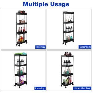 Thyle 4 Pack Slim Storage Cart 4 Tier Rolling Cart Organizer Bathroom Storage Cabinet Mobile Shelving Unit Rolling Utility Cart with Wheels for Kitchen Bathroom Laundry Office Narrow Places, Black