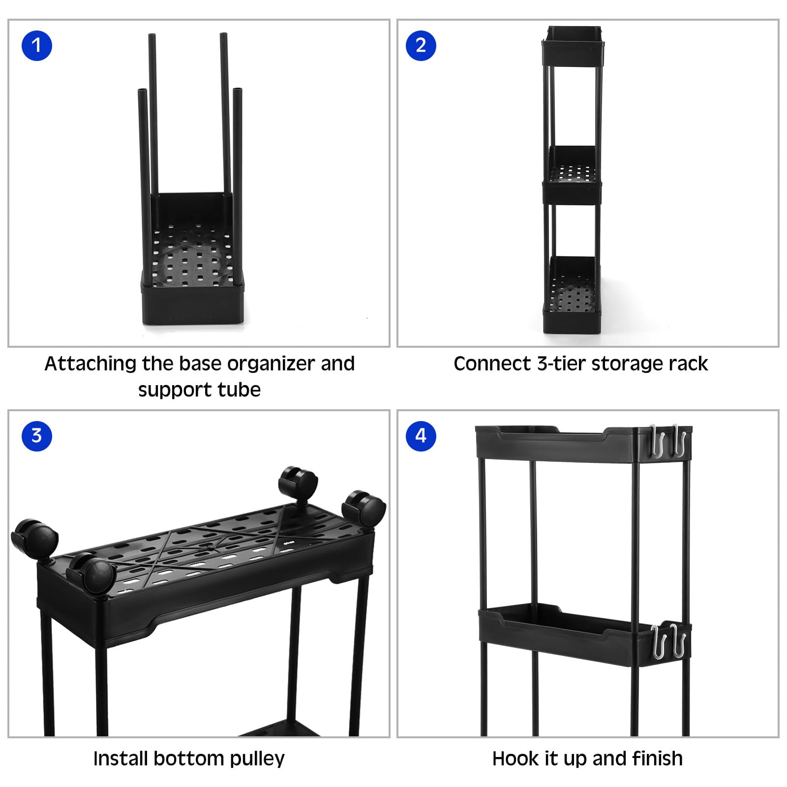 Thyle 4 Pack Slim Storage Cart 4 Tier Rolling Cart Organizer Bathroom Storage Cabinet Mobile Shelving Unit Rolling Utility Cart with Wheels for Kitchen Bathroom Laundry Office Narrow Places, Black