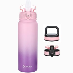 oldley water bottles 20 oz insulated water bottle with straw 3 lids,vacuum stainless steel water bottles, leak & sweat proof sport water bottle gym for kids adults