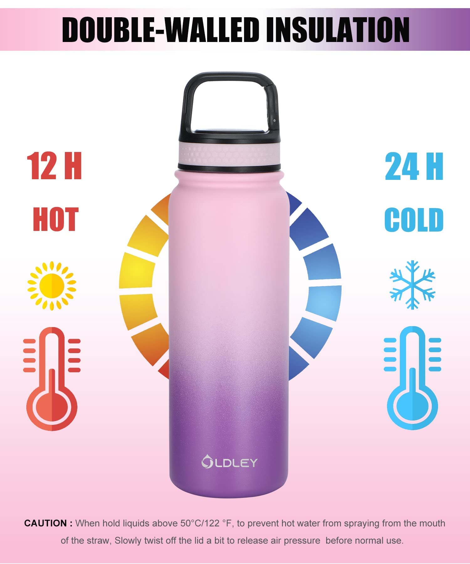 Oldley Water Bottles 20 oz Insulated Water Bottle with Straw 3 Lids,Vacuum Stainless Steel Water Bottles, Leak & Sweat Proof Sport Water Bottle Gym for Kids Adults