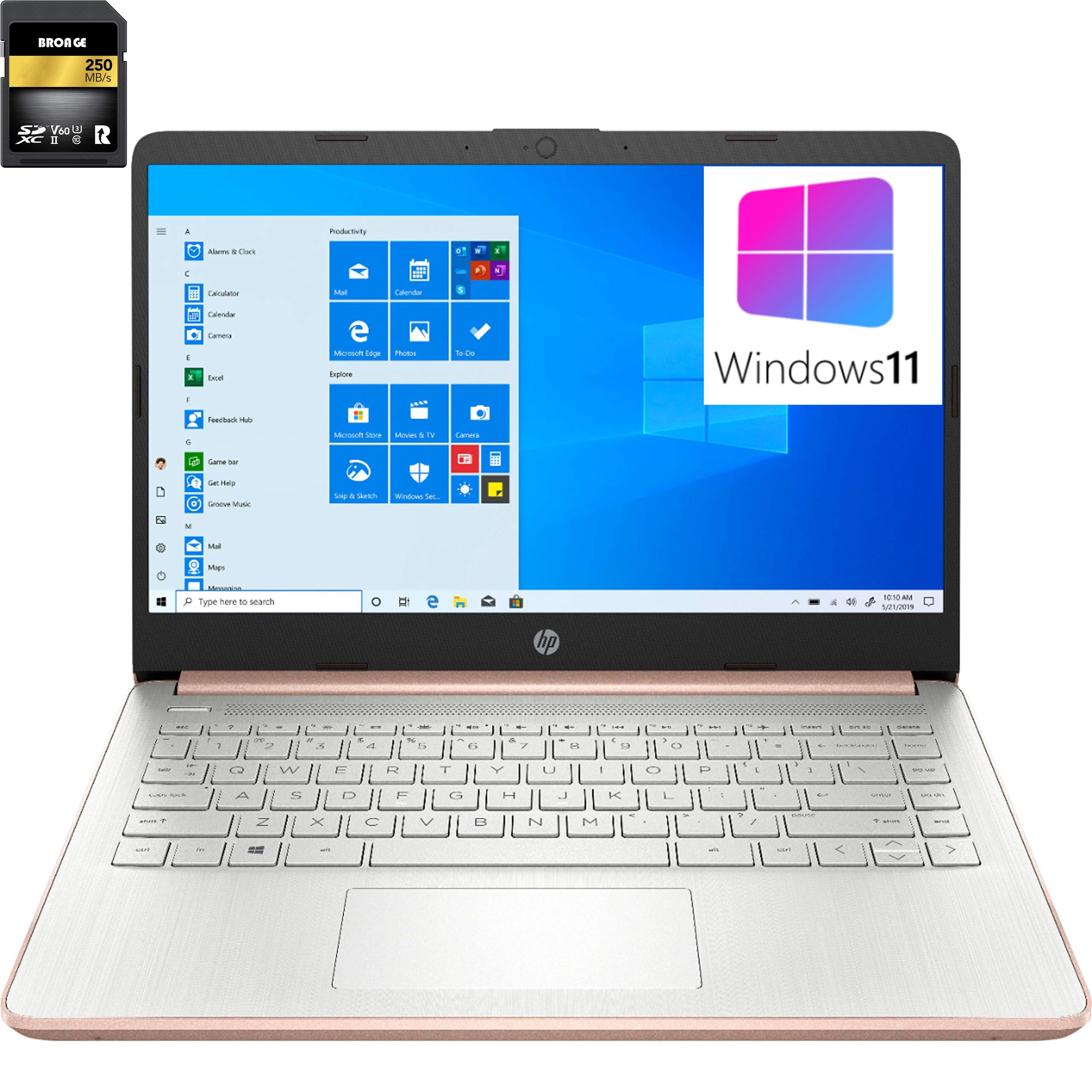 HP 14 14" Laptop Computer, Intel Quad-Core Celeron N4120 Processor, 16GB DDR4 RAM, 320GB Storage (64GB eMMC + 256GB SD Card), 802.11AC WiFi, Bluetooth 5.0, Type-C, Rose Gold, Windows 11 Home in S mode