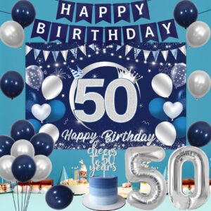 Wonmelody Navy Blue Silver 50th Birthday Decors for Men Women Happy 50th Birthday Backdrop Banner for 50 Years Old Cheers to 50 Years Cake Topper for Him Her Fifty Years Old Anniversary