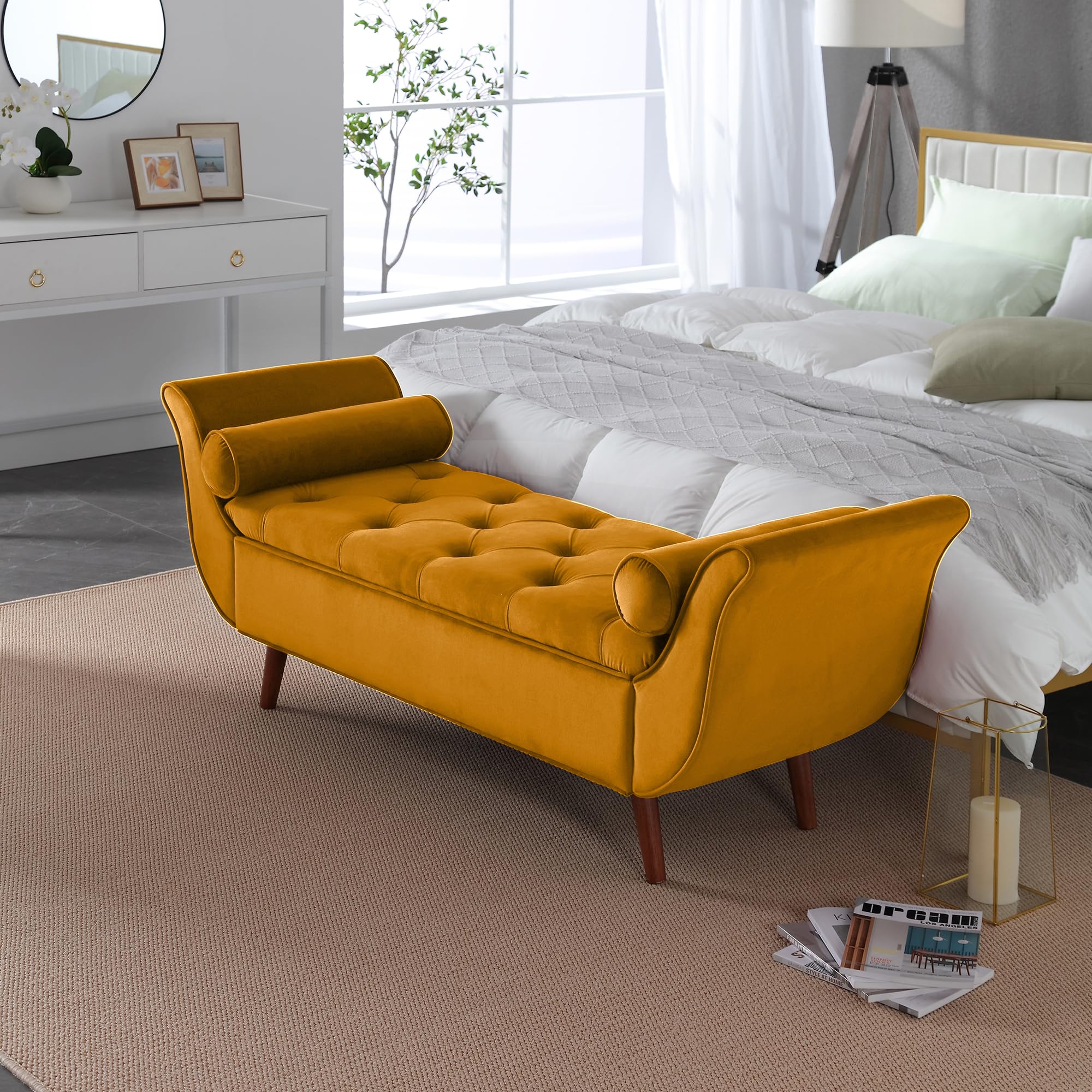 SZLIZCCC 65" Velvet Storage Bench, Boat Bench with Armrests, 65" Vintage Upholstered Entryway Bench, Bedside Bench, Suitable for Bedroom, Living Room, Entryway, Hallway, Dressing Room (Orange Yellow)