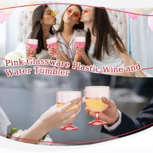 Bokon 16 Pack Plastic Wine Glasses 7.5 oz Wine Glass with Stem Reusable Unbreakable Wine Cups Champagne Goblets Shatterproof Cocktail Drinkware for Wedding Party Indoor Drinking(Pink)