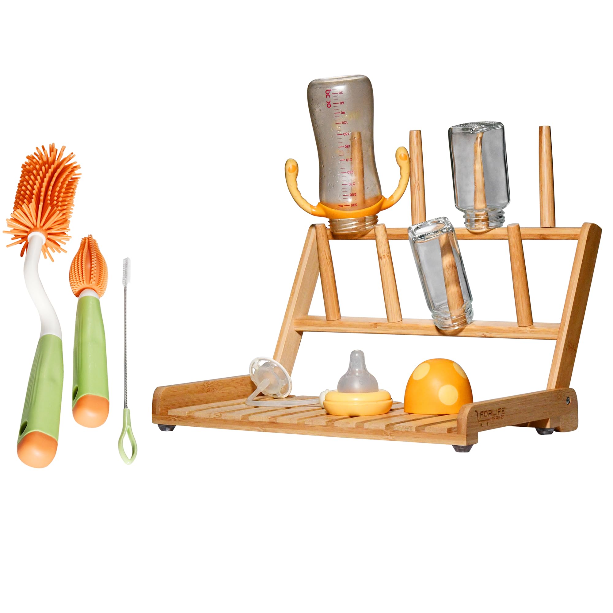 FORLIFE MARKET Space Saving Bamboo Drying Rack- Countertop Folding Baby Bottle Drying Rack, Free Bottle Brush Set, Dish, Cup Organizer- Use as a Travel Baby Bottle Cleaning Kit, Accessories