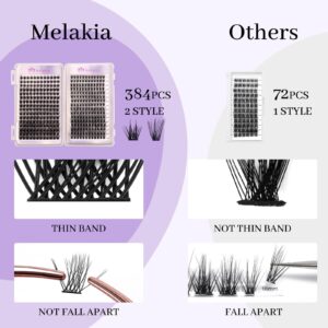 384 Pcs Cluster Lashes, Melakia 2 Style DIY Eyelash Extensions Mix 10-16mm, Thin Band Lash Clusters, Mega Soft Individual Cluster Lashes at Home （Wispy and Natural D Mix 10-16mm）