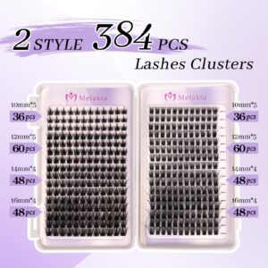 384 Pcs Cluster Lashes, Melakia 2 Style DIY Eyelash Extensions Mix 10-16mm, Thin Band Lash Clusters, Mega Soft Individual Cluster Lashes at Home （Wispy and Natural D Mix 10-16mm）