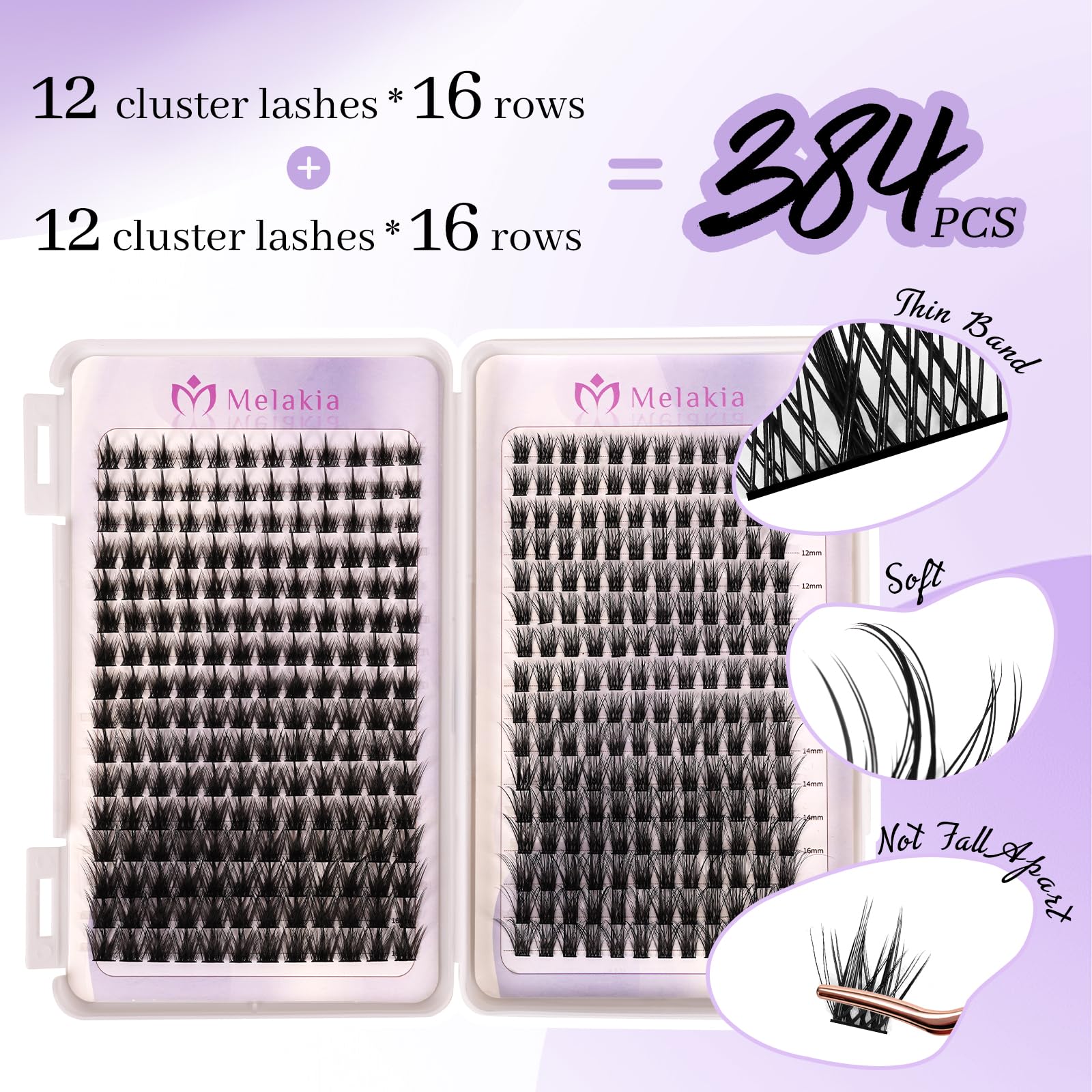 384 Pcs Cluster Lashes, Melakia 2 Style DIY Eyelash Extensions Mix 10-16mm, Thin Band Lash Clusters, Mega Soft Individual Cluster Lashes at Home （Wispy and Natural D Mix 10-16mm）