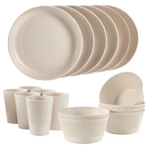 wheat straw dinnerware sets, lezuoey 18pcs unbreakable dinnerware sets kitchen cups plates and bowls sets plates set reusable microwave dishwasher safe