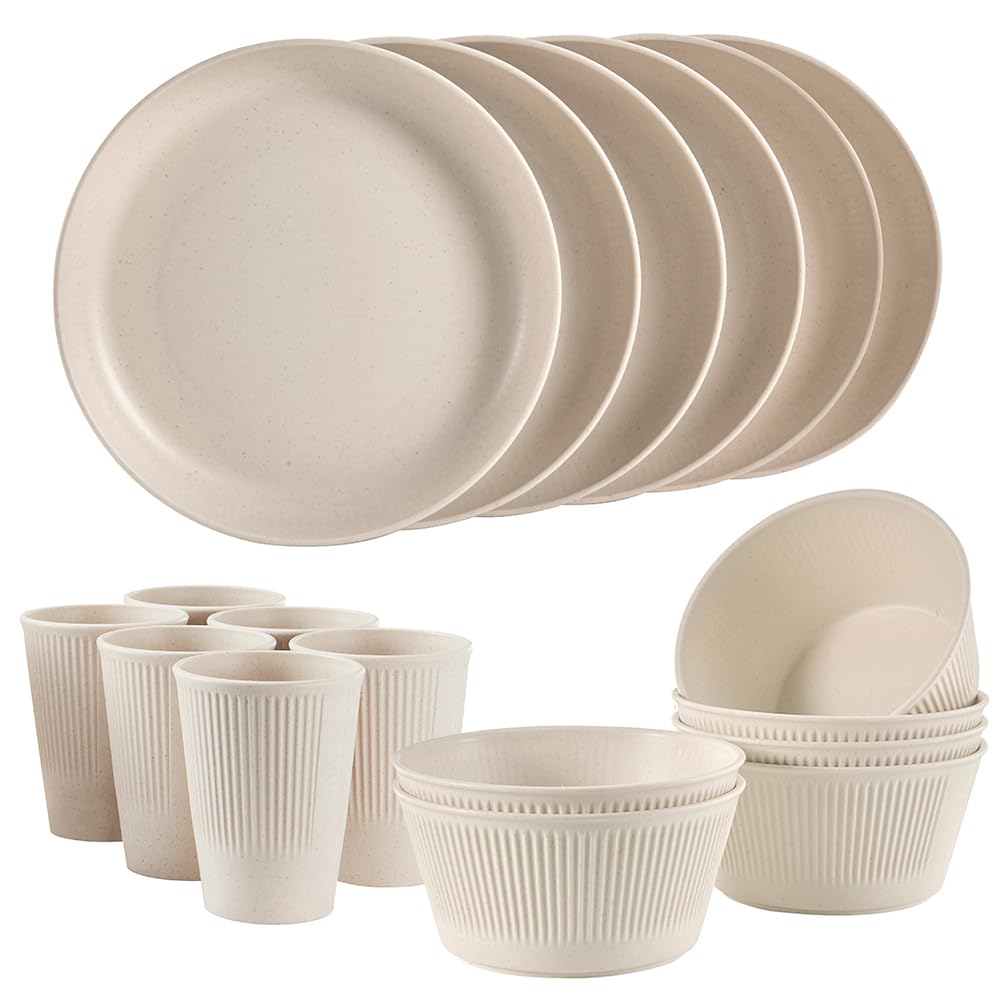 Wheat Straw Dinnerware Sets, Lezuoey 18pcs Unbreakable Dinnerware Sets Kitchen Cups Plates and Bowls Sets Plates Set Reusable Microwave Dishwasher Safe