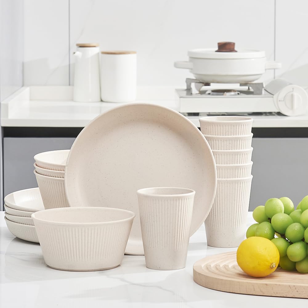 Wheat Straw Dinnerware Sets, Lezuoey 18pcs Unbreakable Dinnerware Sets Kitchen Cups Plates and Bowls Sets Plates Set Reusable Microwave Dishwasher Safe