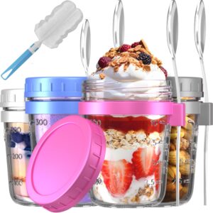 4 pack overnight oats containers with lids and spoons - 16 oz glass mason jars - storage jars set for oatmeal - large food jars - glass container for chia pudding milk cereal fruit - gift for women