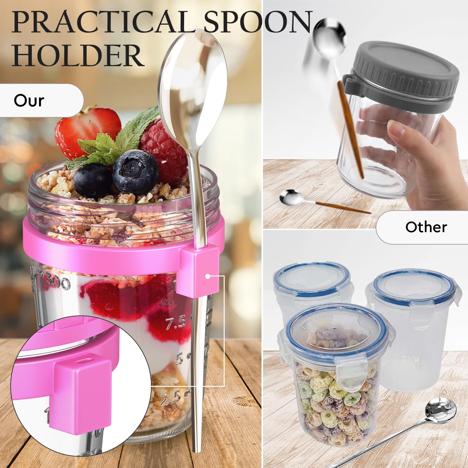 4 Pack Overnight Oats Containers with Lids and Spoons - 16 Oz Glass Mason Jars - Storage Jars Set for Oatmeal - Large Food Jars - Glass Container for Chia Pudding Milk Cereal Fruit - Gift for Women