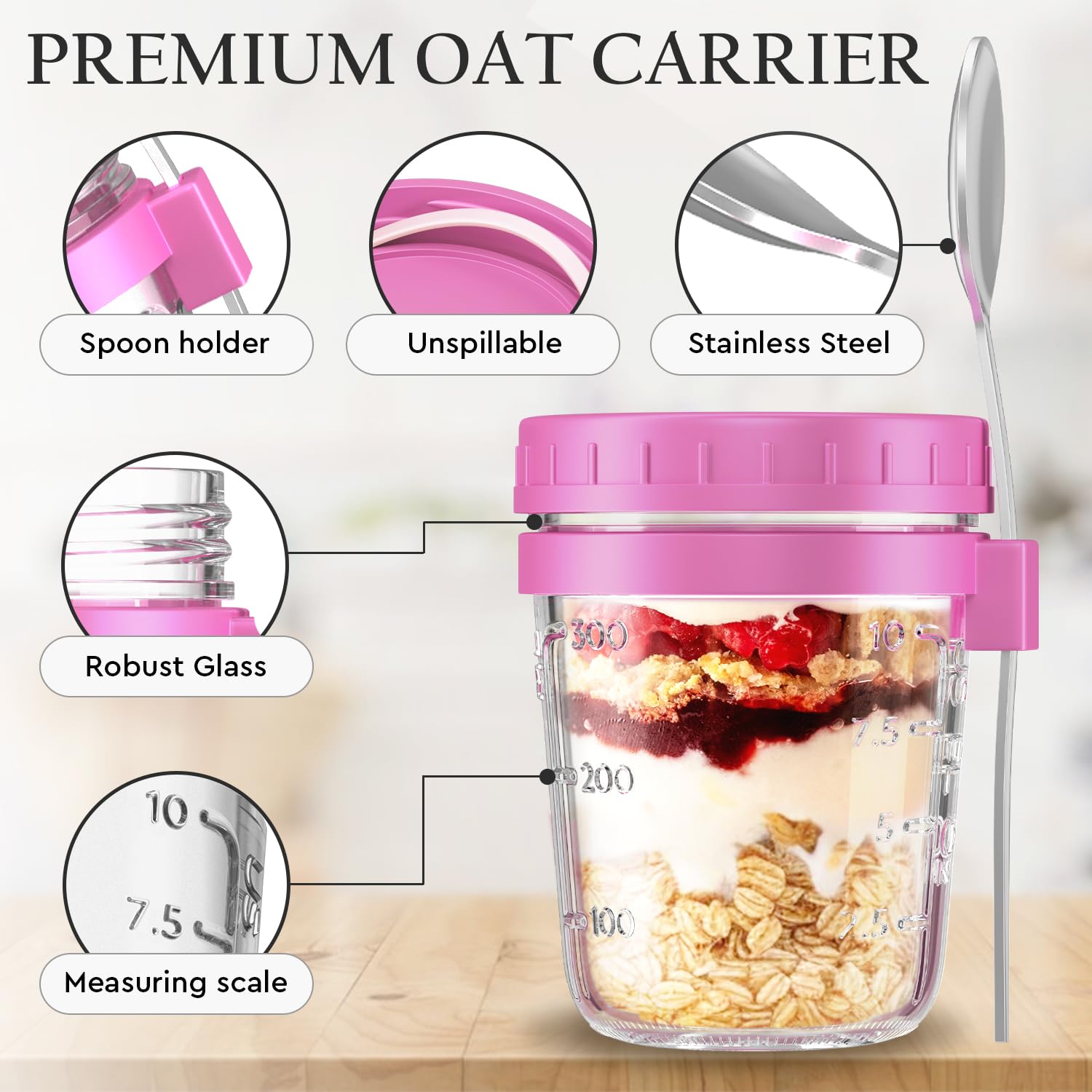 4 Pack Overnight Oats Containers with Lids and Spoons - 16 Oz Glass Mason Jars - Storage Jars Set for Oatmeal - Large Food Jars - Glass Container for Chia Pudding Milk Cereal Fruit - Gift for Women