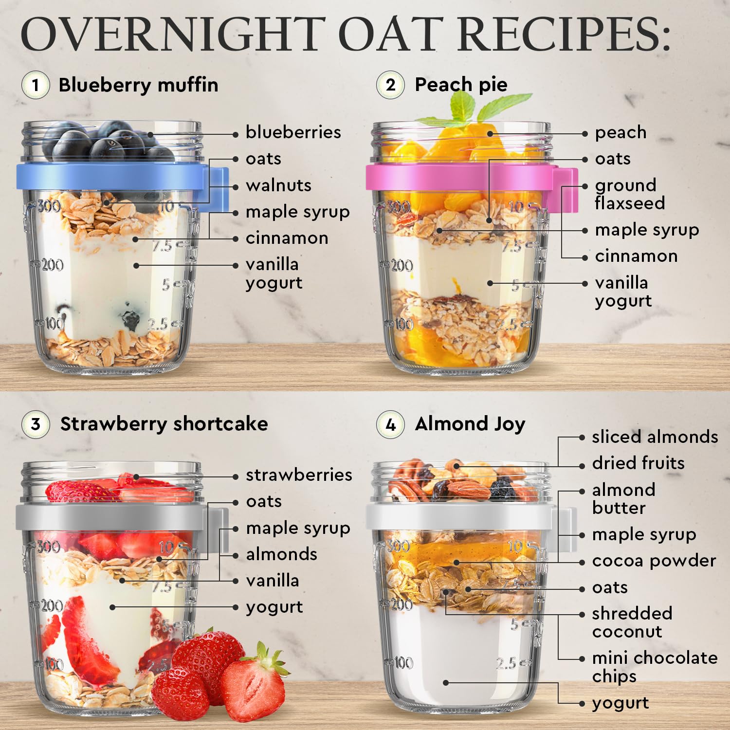 4 Pack Overnight Oats Containers with Lids and Spoons - 16 Oz Glass Mason Jars - Storage Jars Set for Oatmeal - Large Food Jars - Glass Container for Chia Pudding Milk Cereal Fruit - Gift for Women