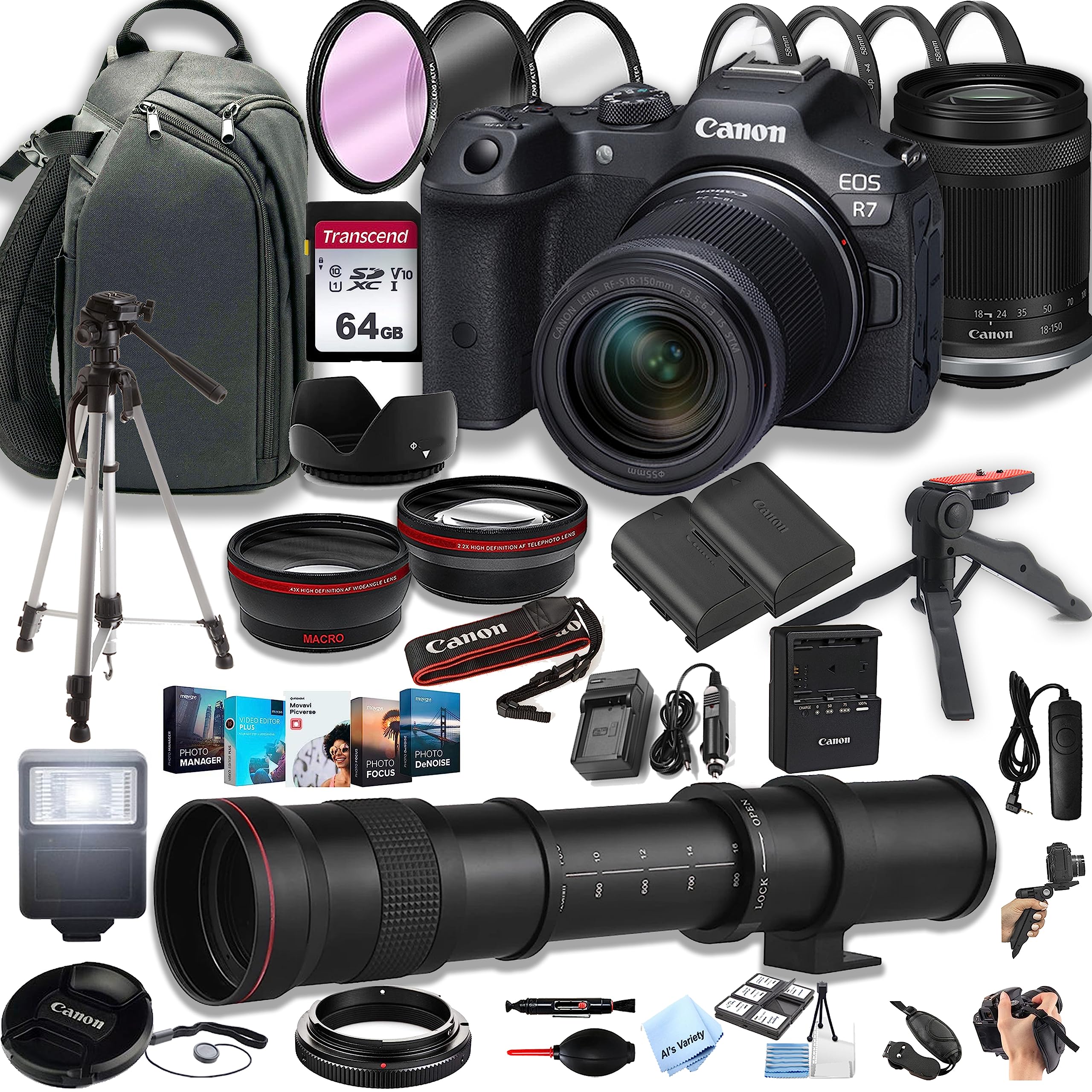 Canon EOS R7 Mirrorless Digital Camera with RF-S 18-150mm f/3.5-6.3 is STM Lens+ 420-800mm Super Telephoto Lens + 100S Sling Backpack + 64GB Memory Cards, Professional Photo Bundle (42pc Bundle)