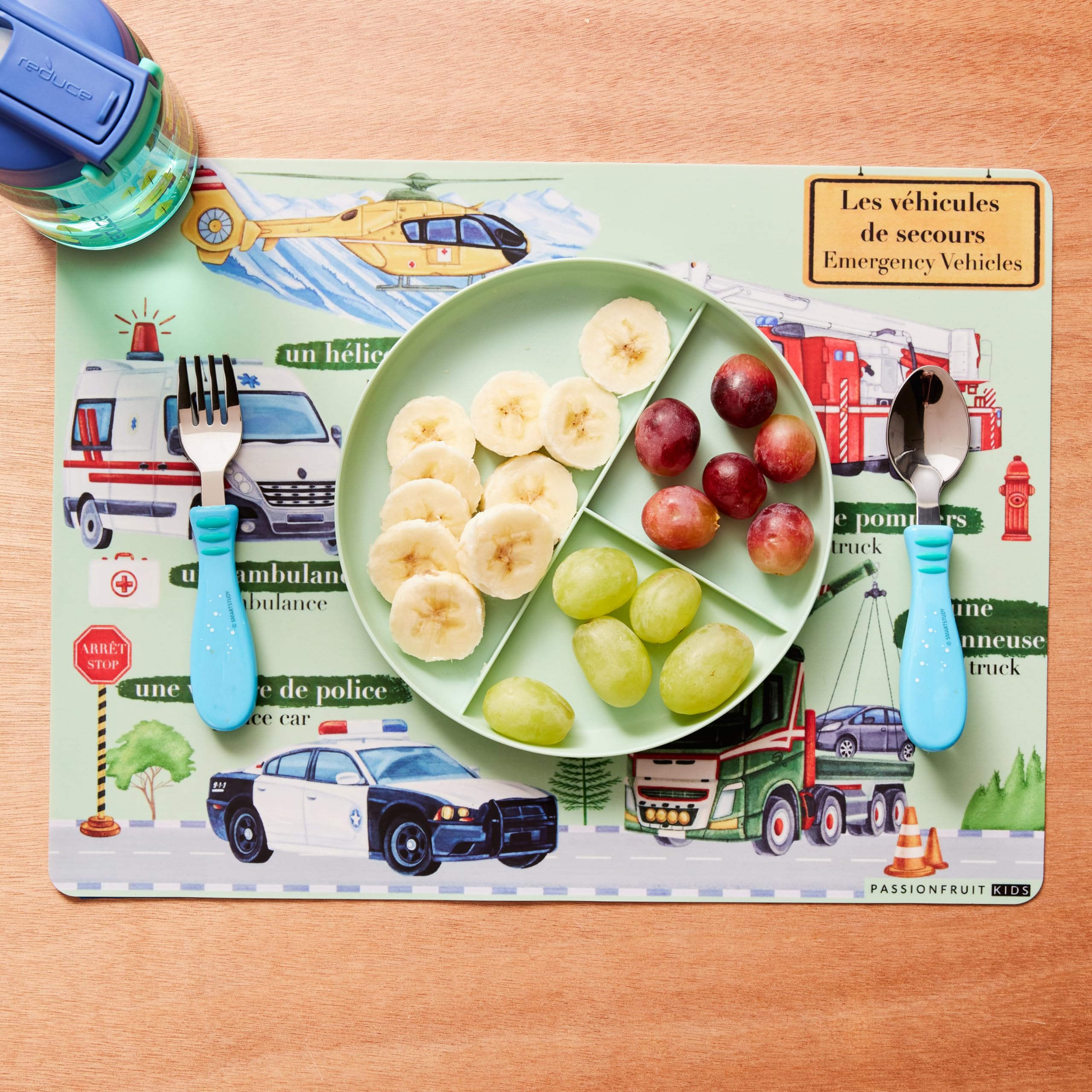 Passionfruit Kids French/English Bilingual Silicone Placemats | Colorful Educational Placemats for Toddlers | Non-Slip, Waterproof, Reusable Placemats for Kids | Vehicle Theme | 2 Pack