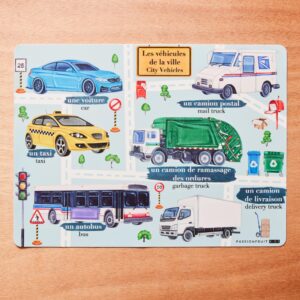 Passionfruit Kids French/English Bilingual Silicone Placemats | Colorful Educational Placemats for Toddlers | Non-Slip, Waterproof, Reusable Placemats for Kids | Vehicle Theme | 2 Pack