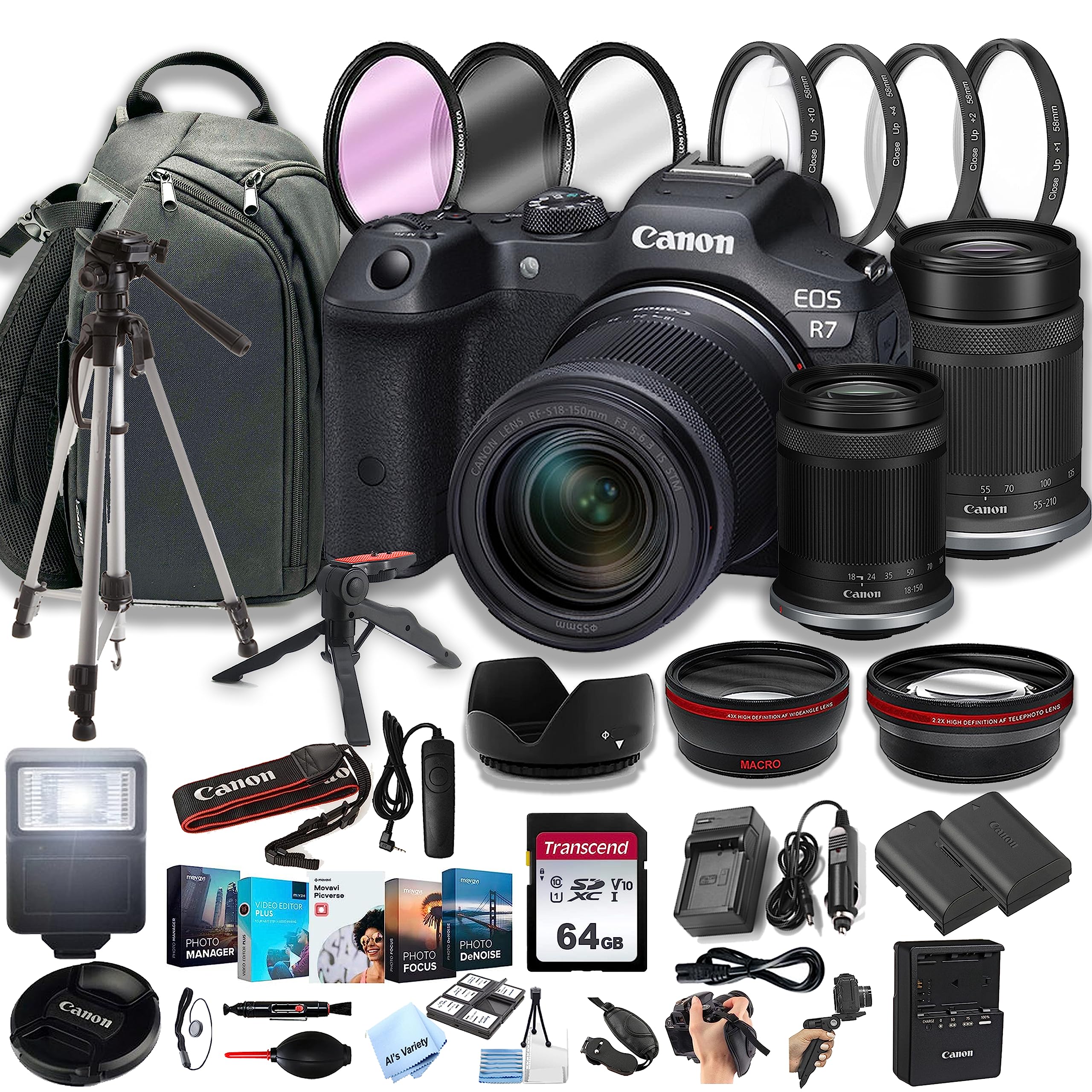 Canon EOS R7 Mirrorless Digital Camera with RF-S 18-150mm f/3.5-6.3 is STM Lens + 55-210mm f/5-7.1 is STM Lens + 64GB Memory Cards, Professional Photo Bundle (42pc Bundle)