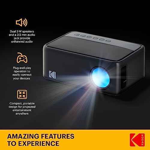 KODAK FLIK X1 Mini Pico Projector | Portable Compact 100” Projector with Remote Control & 2W Speakers Plays Movies, TV Shows & Games | Compatible with HDMI, USB, AV, Smartphone, Firestick Black