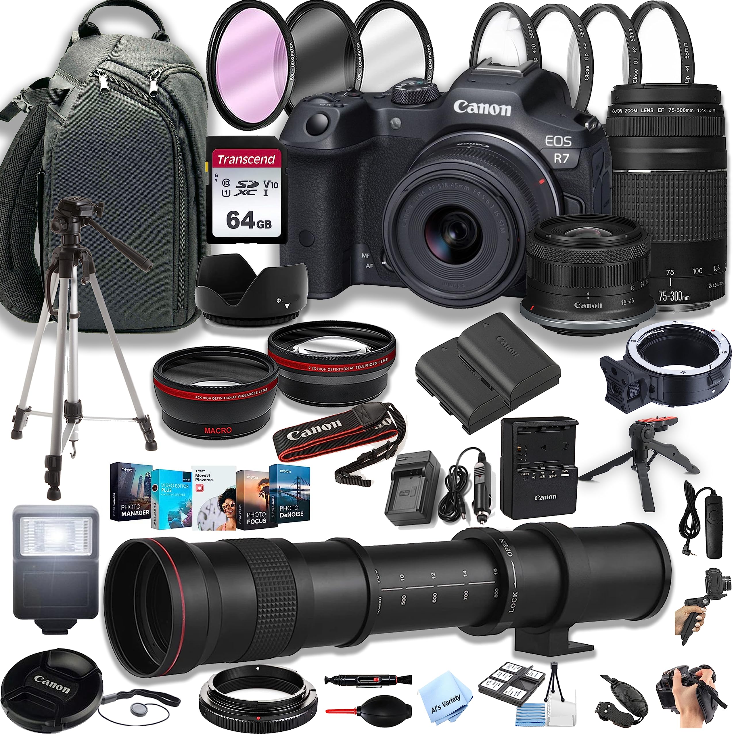 Canon EOS R7 Mirrorless Digital Camera with RF-S 18-45mm f/4.5-6.3 is STM Lens + 75-300mm F/4-5.6 III Lens + 420-800mm Super Telephoto Lens + 64GB Memory Cards, Professional Photo Bundle (44pc)