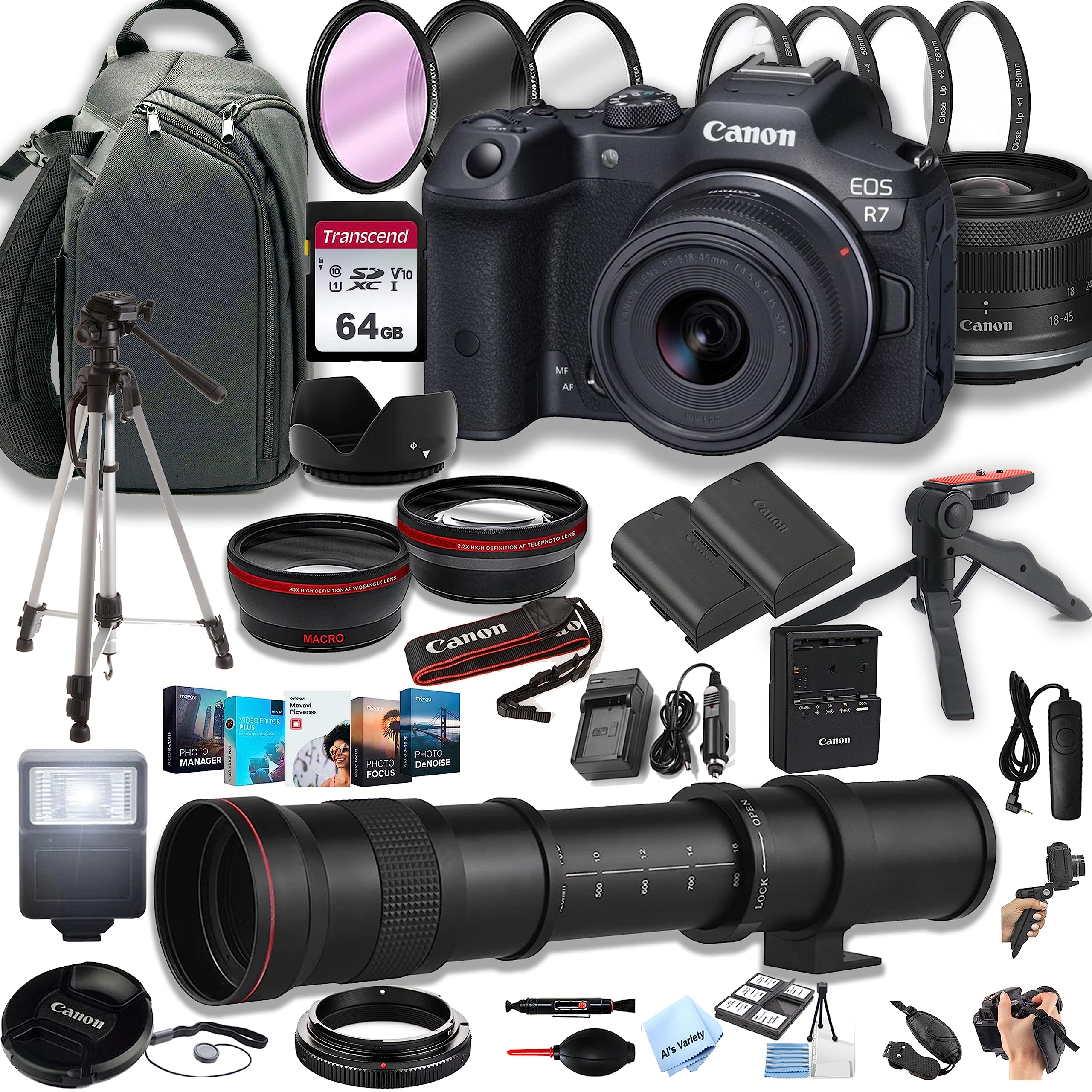 Canon EOS R7 Mirrorless Digital Camera with RF-S 18-45mm f/4.5-6.3 is STM Lens+ 420-800mm Super Telephoto Lens + 100S Sling Backpack + 64GB Memory Cards, Professional Photo Bundle (42pc Bundle)