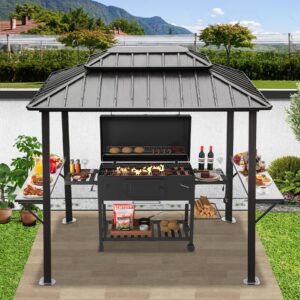 domi 8’ x 6’ grill gazebo, outdoor aluminum bbq gazebo with 2 side shelves, hardtop double roof permanent sun shade with ceiling hooks for patio deck yard garden (grey)