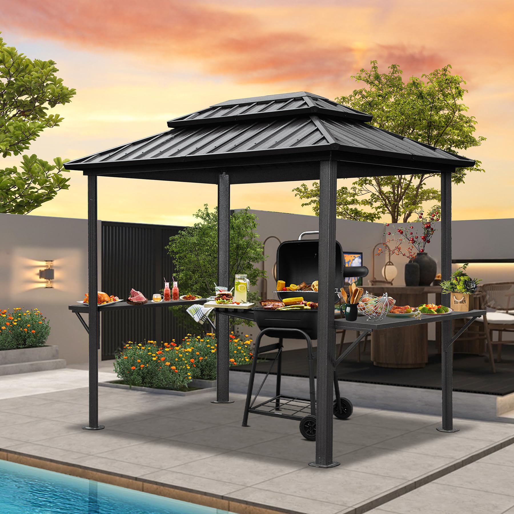 Domi 8’ x 6’ Grill Gazebo, Outdoor Aluminum BBQ Gazebo with 2 Side Shelves, Hardtop Double Roof Permanent Sun Shade with Ceiling Hooks for Patio Deck Yard Garden (Grey)