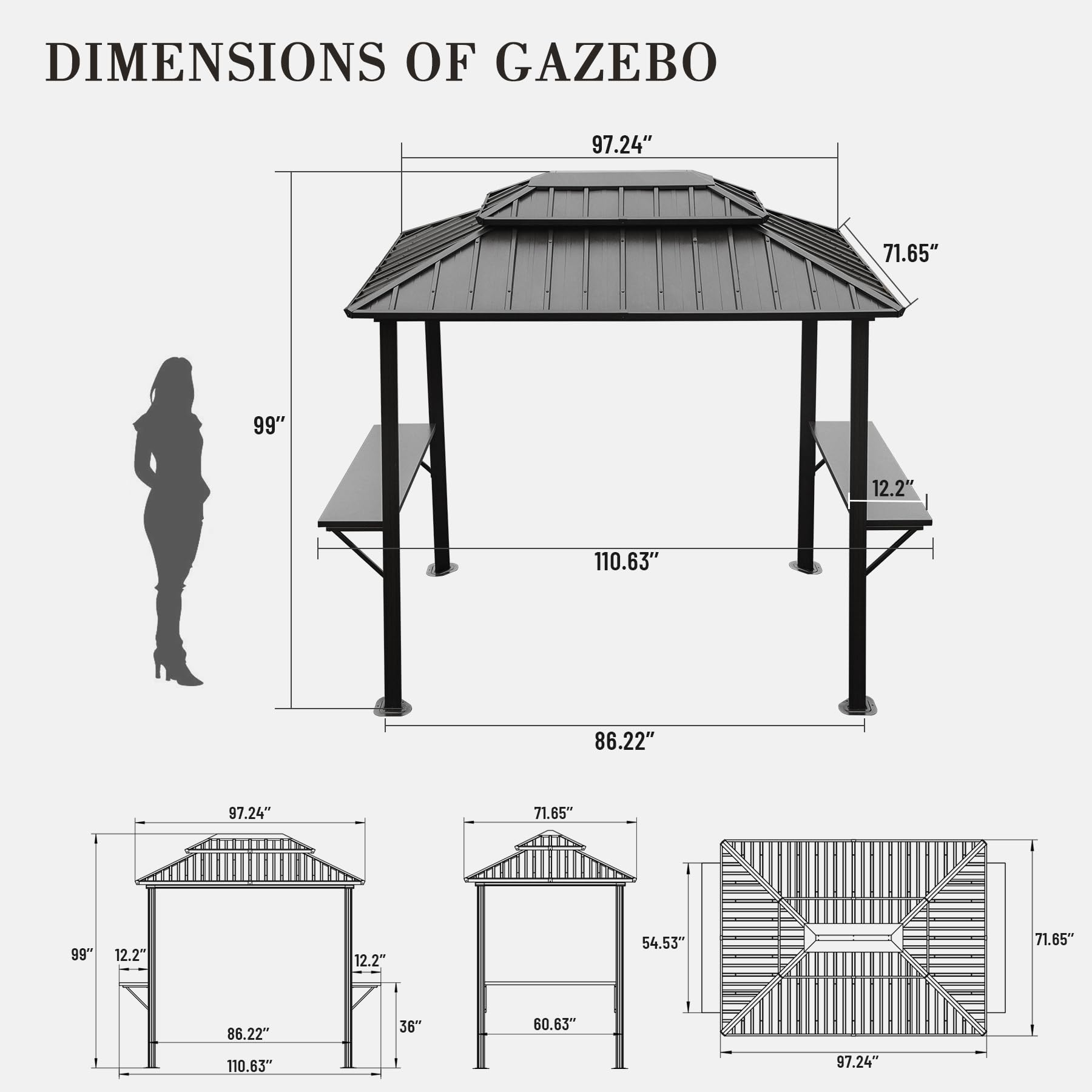 Domi 8’ x 6’ Grill Gazebo, Outdoor Aluminum BBQ Gazebo with 2 Side Shelves, Hardtop Double Roof Permanent Sun Shade with Ceiling Hooks for Patio Deck Yard Garden (Grey)