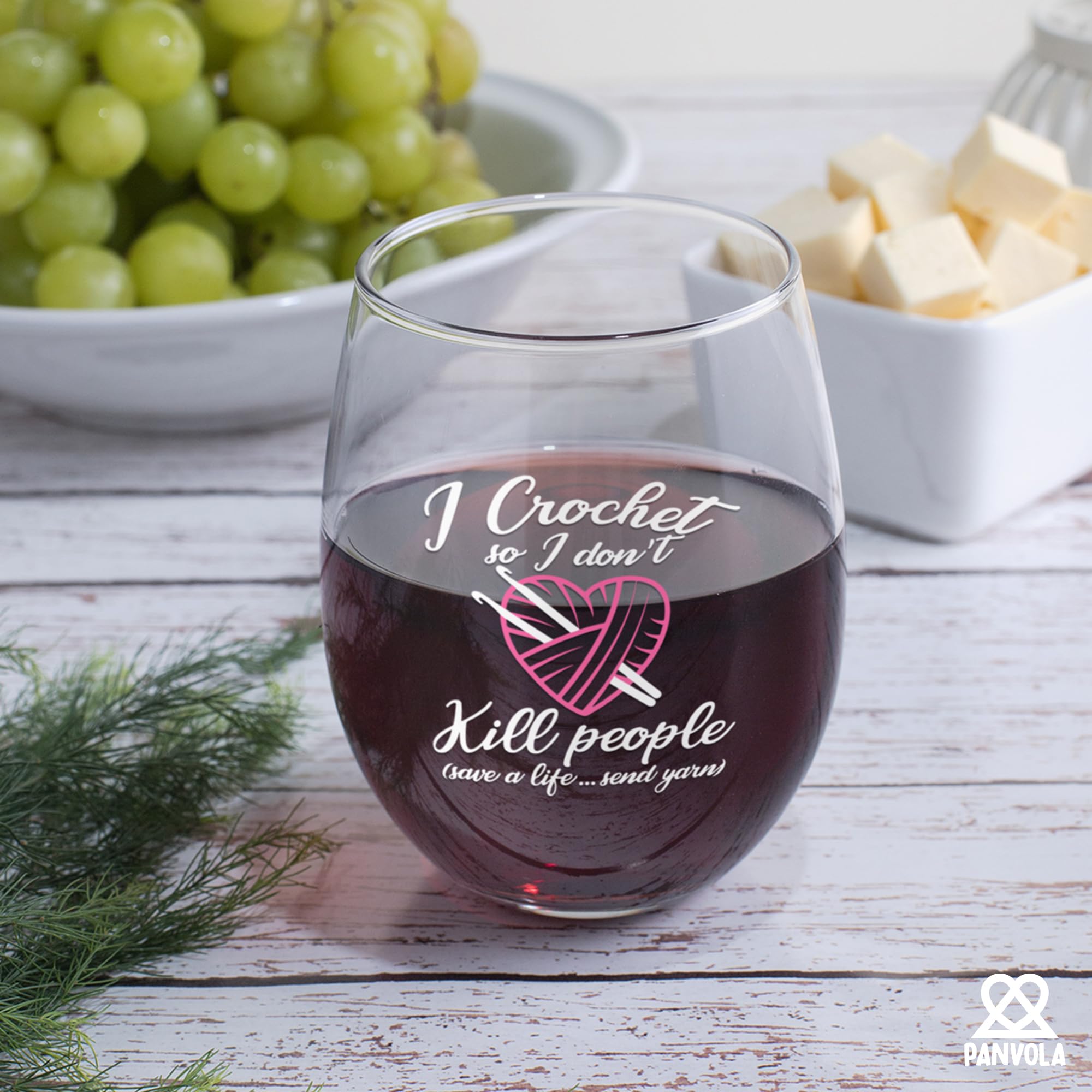 Panvola I Crochet So I Don't Kill People Save A Life Send Yarn Crocheting Stemless Wine Glass Knitters Crocheter Gifts Clear Glasses For Red White Wine (17 oz)